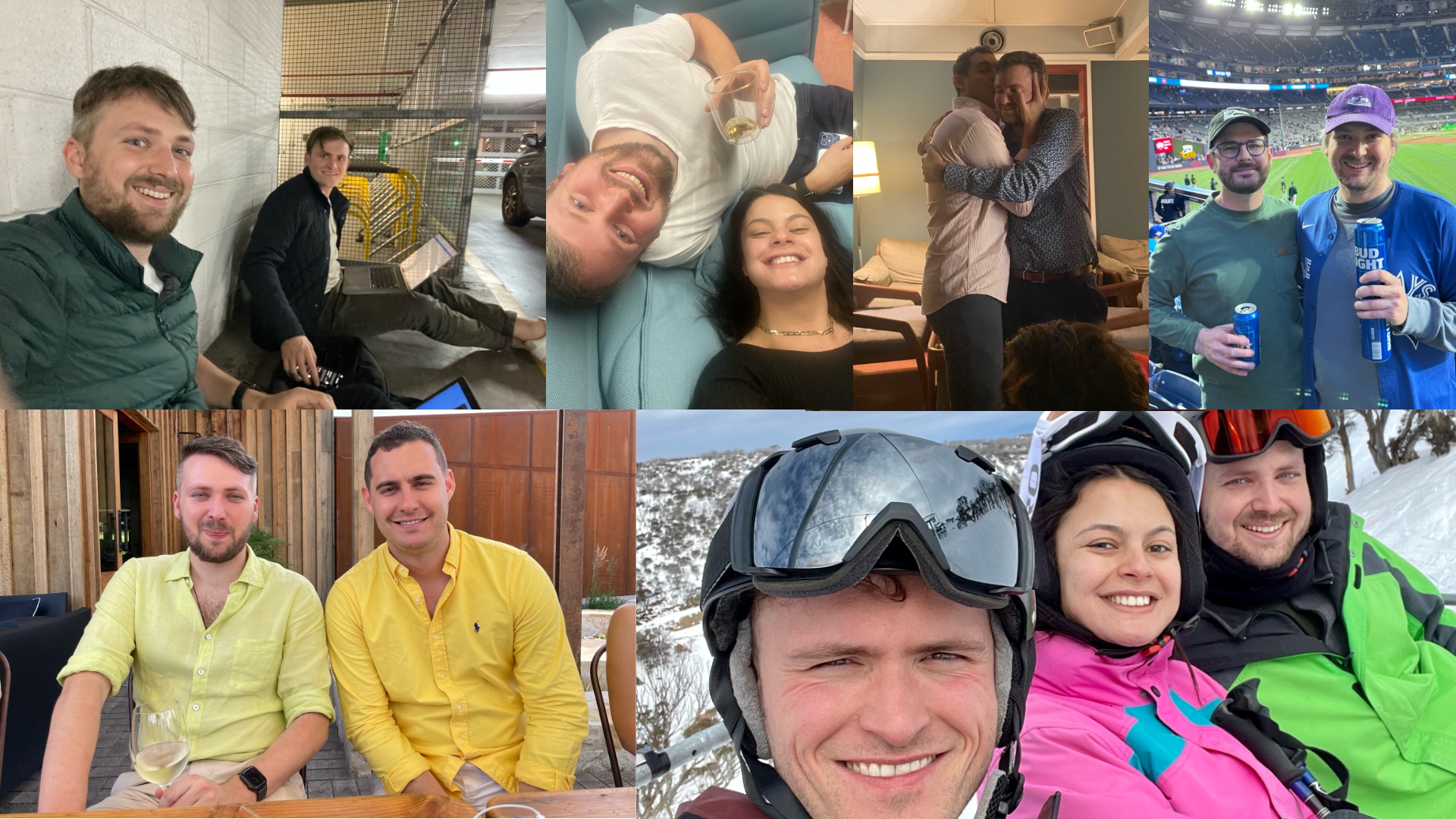 A collage of six photographs: (1) Max and Peter working from inside a car park late at night, operationalising a new site; (2) Max and Natalia lying on a couch in the office, smiling; (3) Jack hugging Max at a bar in Sydney; (4) Alex and Max at a Blue Jays game; (5) Jack and Max in matching outfits at the BaseUp Christmas party; (6) Peter, Max, and Natalia sitting on a chair lift while skiing
