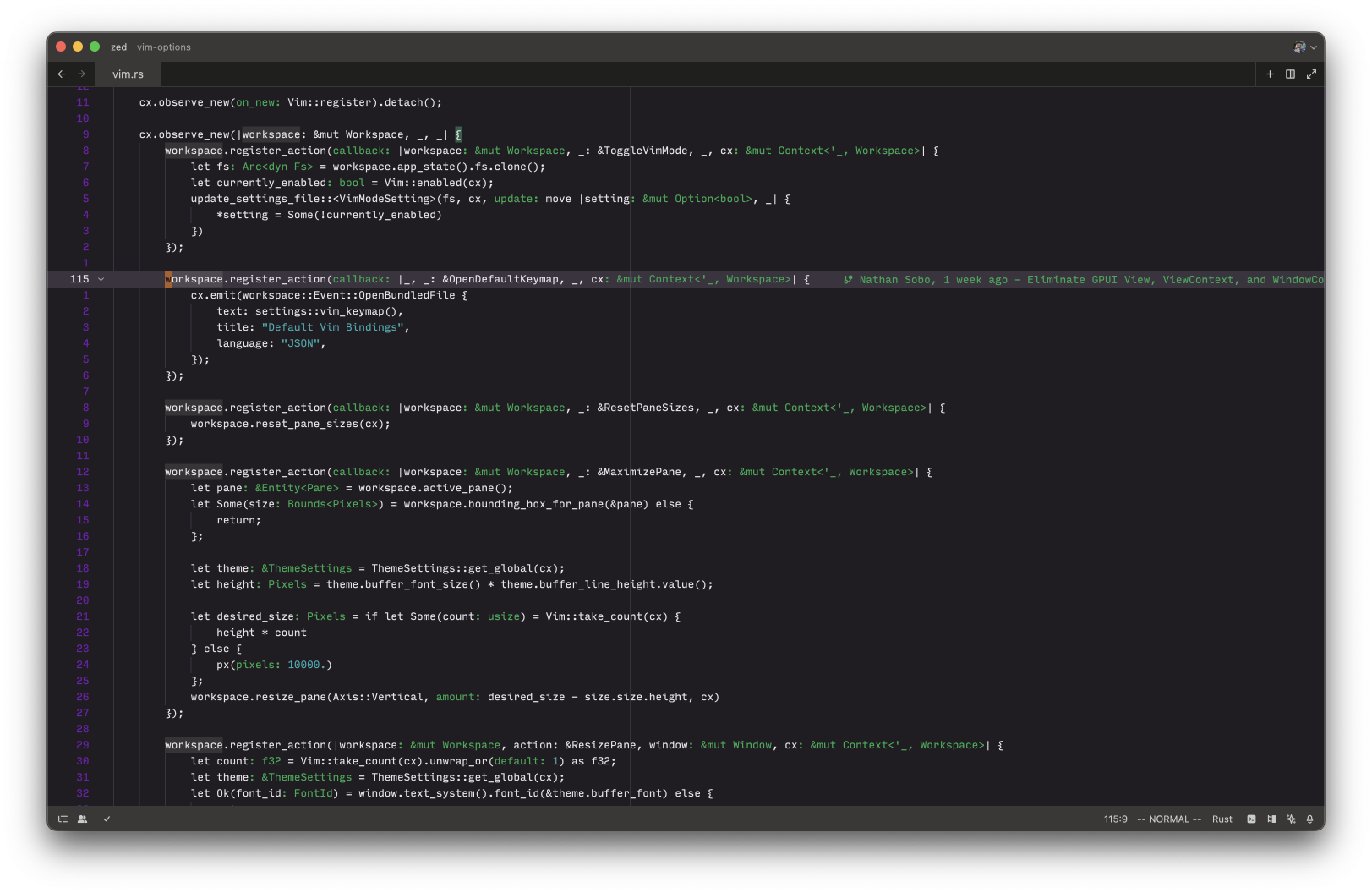 A screenshot of the Zed text editor, showing some Rust source code in a dark colour scheme