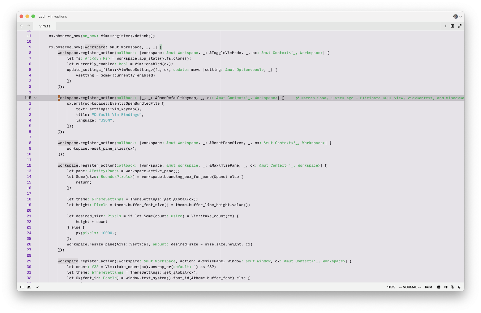 A screenshot of the Zed text editor, showing some Rust source code in a light colour scheme