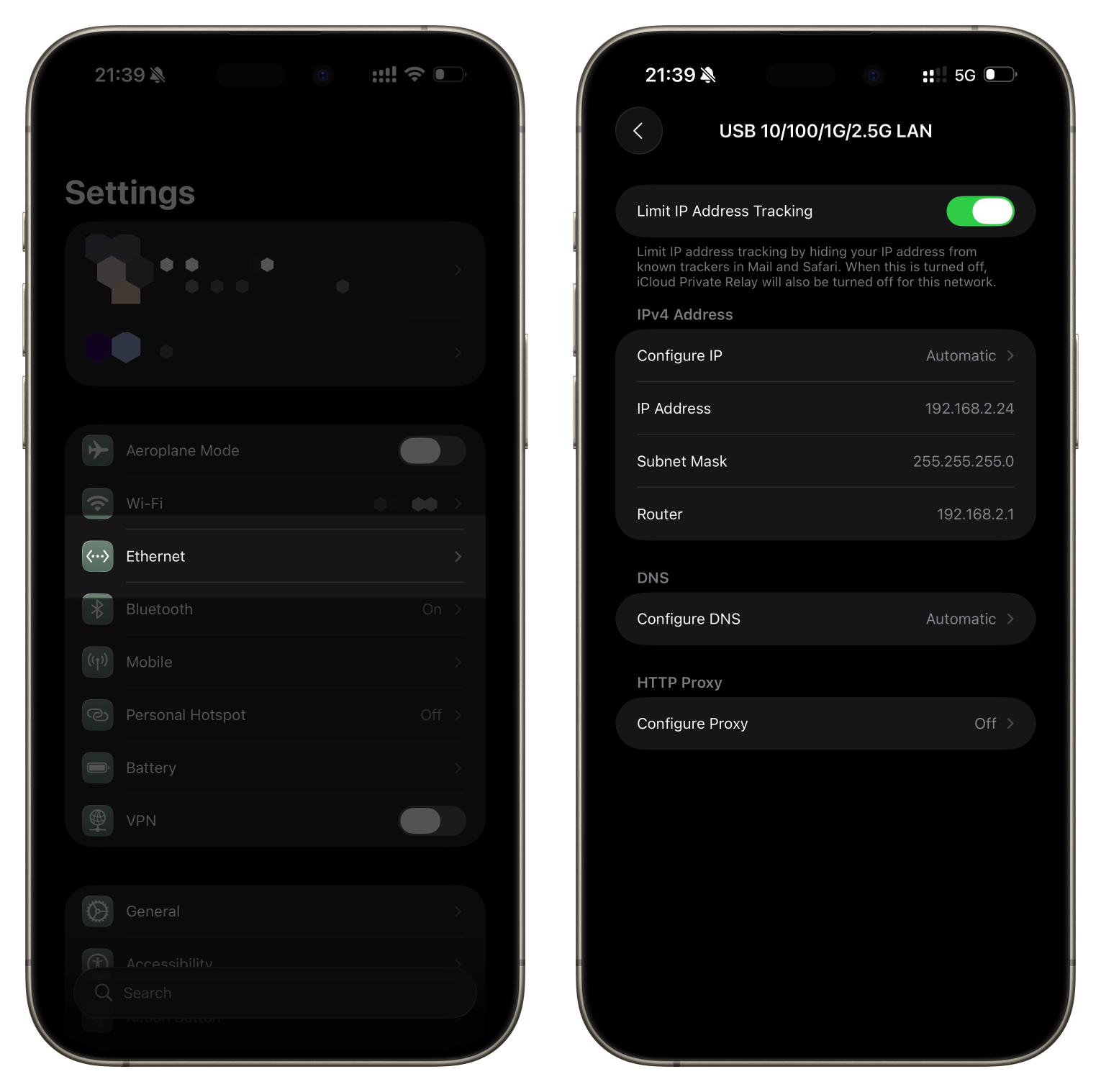 Two iPhone screenshots of the Settings. The first highlights the Ethernet option, and the second shows networking information