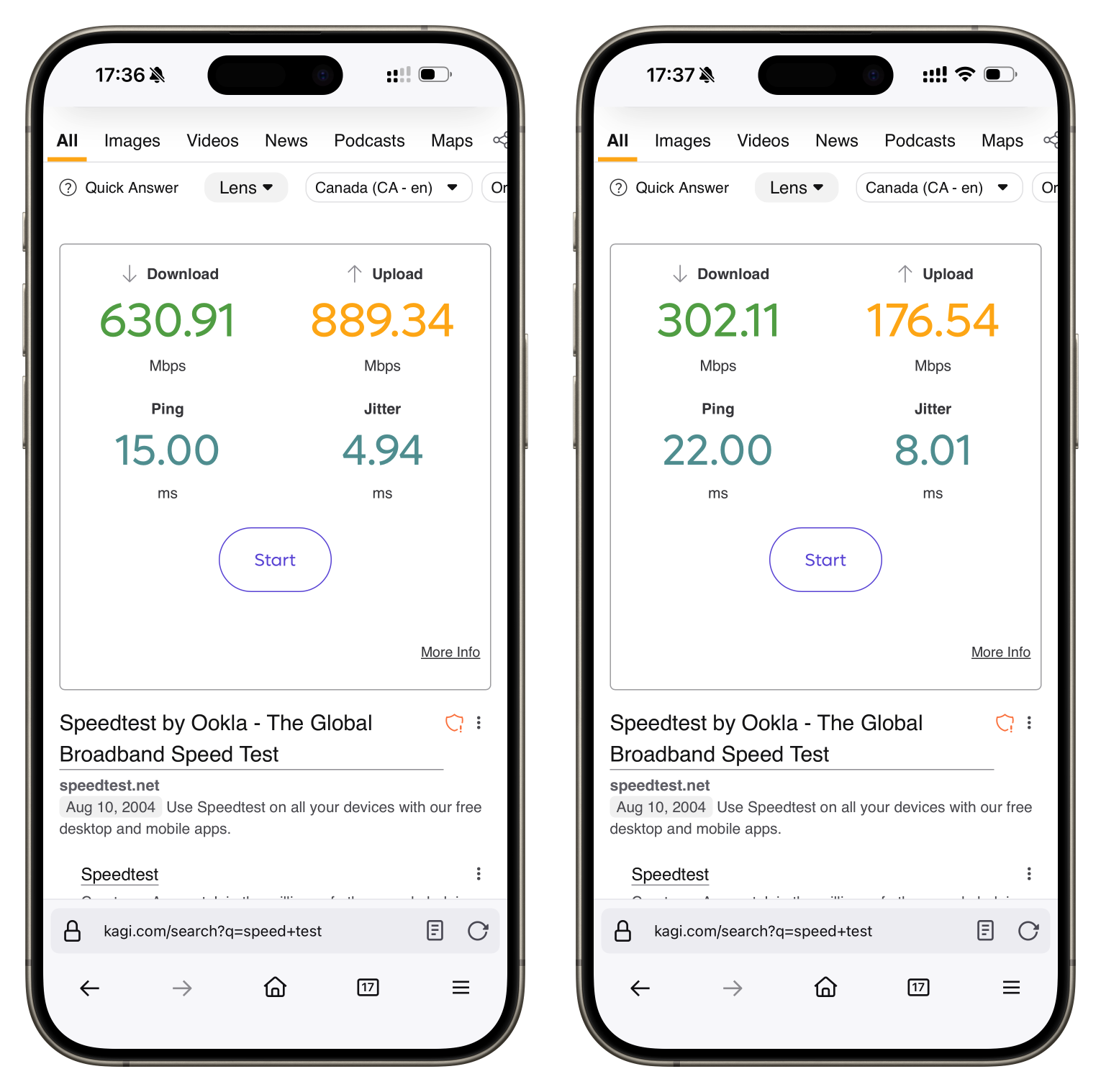 Two internet speed tests side by side. One shows 690.91Mb down and 889.34Mb up, and the other shows 302.11Mb down and 176.54Mb up. The former is a wired internet connection, the latter is using Wi-Fi