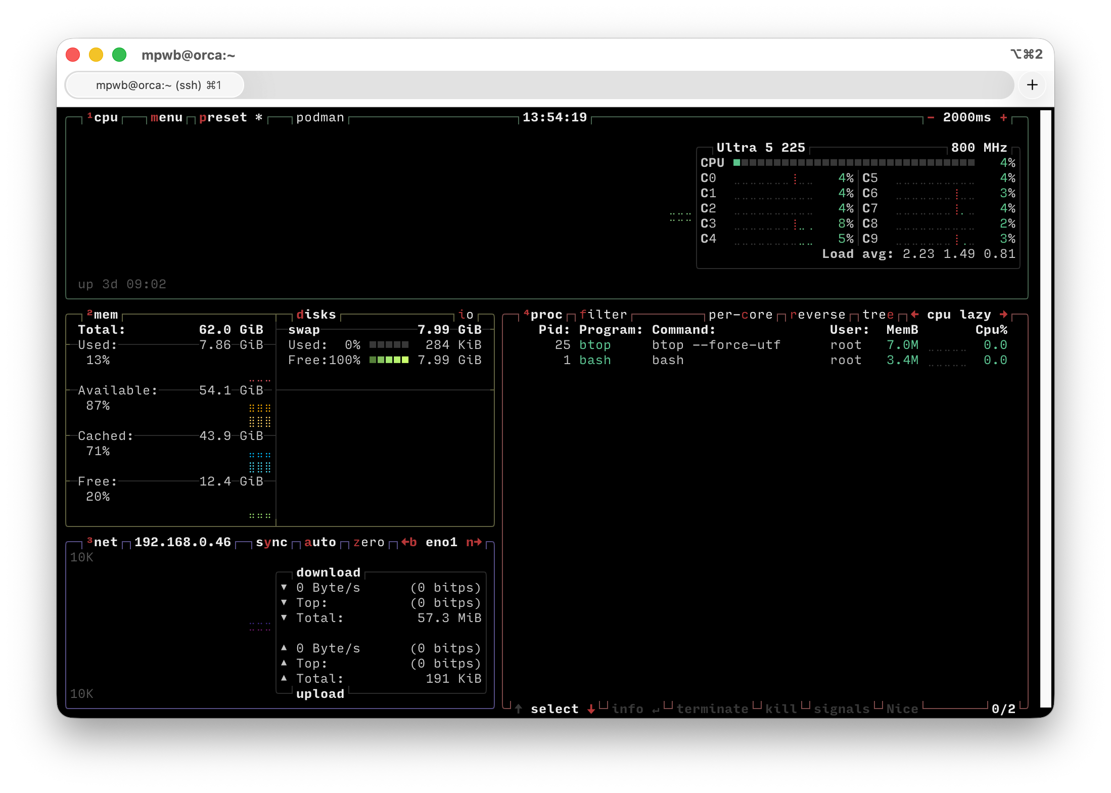 A screenshot of a Terminal window running the btop utility, showing two processes